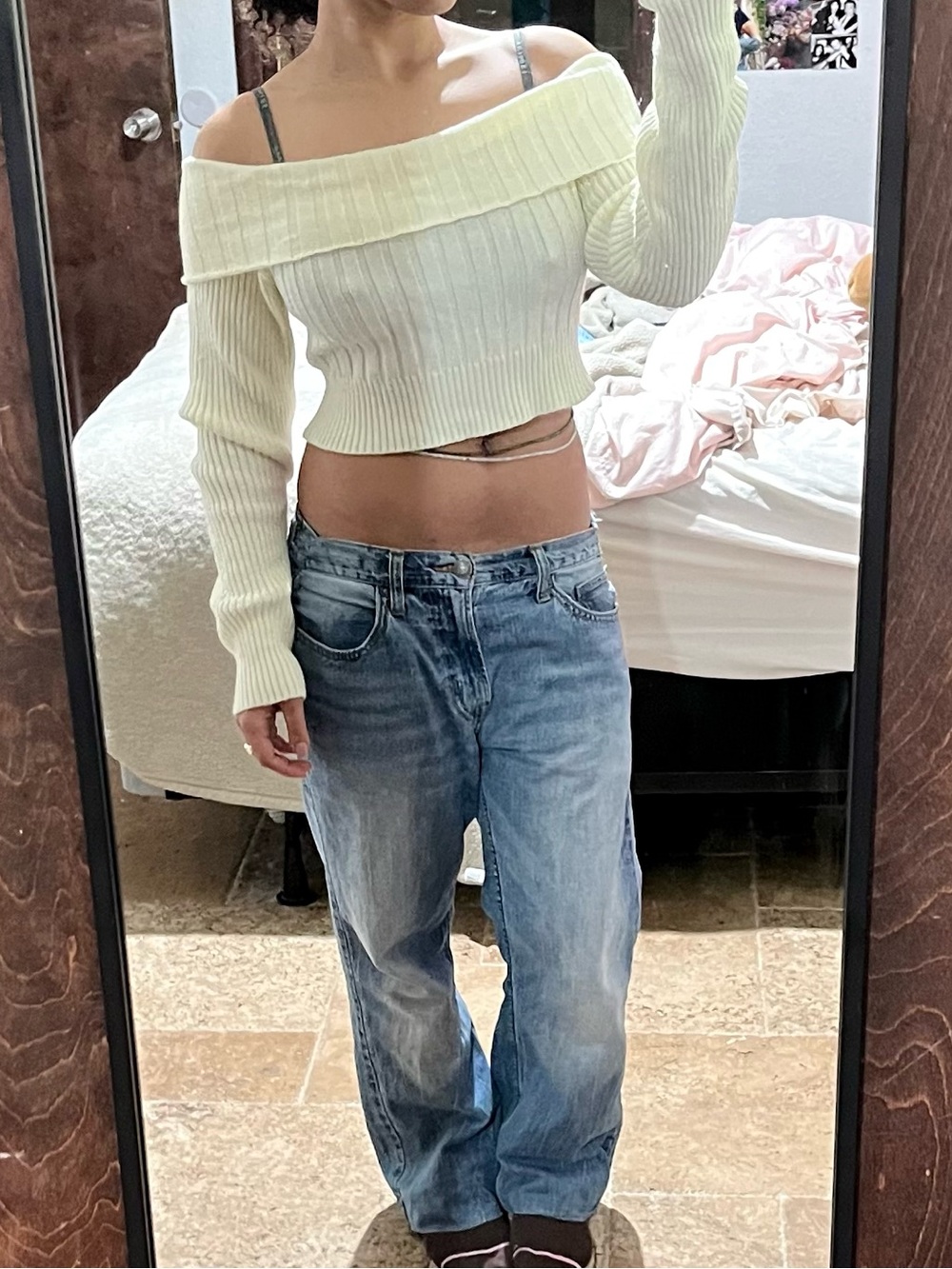 Cream Ribbed Off Shoulder Cropped Sweater Long Sleeve